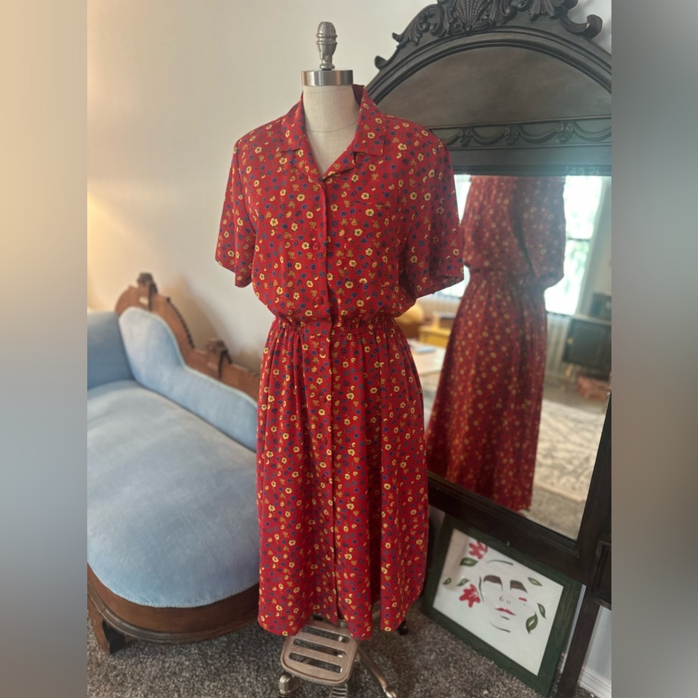 VTG 80s Style Talbots Red Floral Dress Size 12